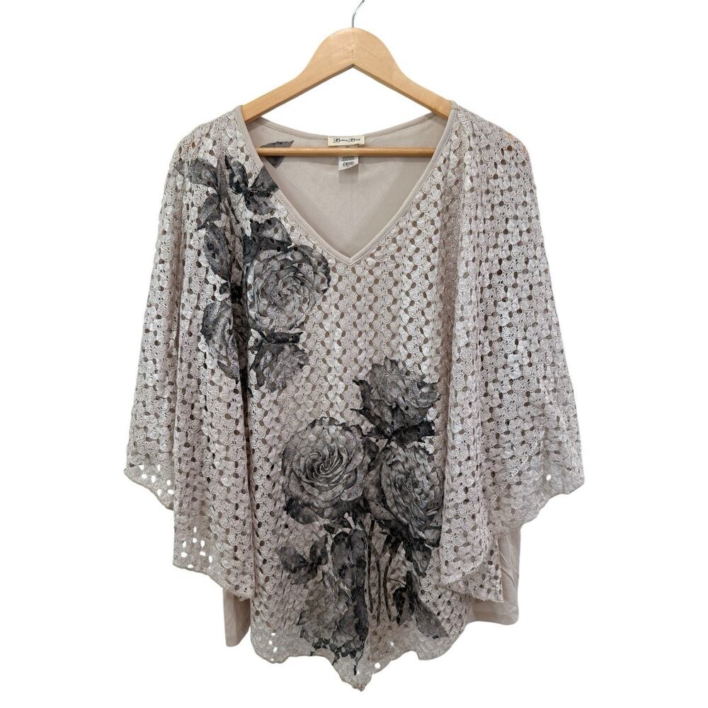 Brittany Black 2X Lace‎ V-Neck 3/4 Sleeve Poncho Style Top Tank Black Rose Fajry
